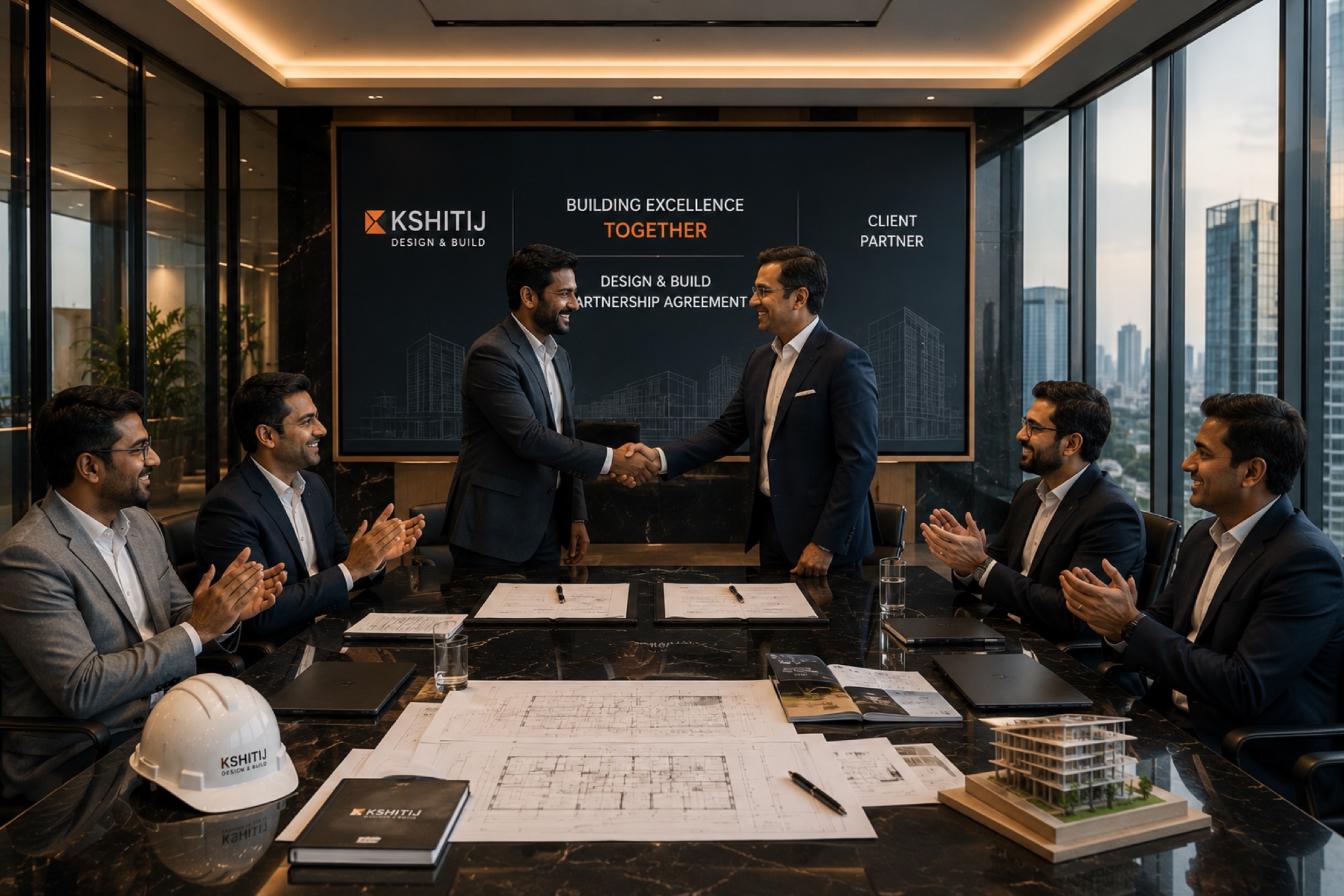 A project handover meeting in a boardroom.